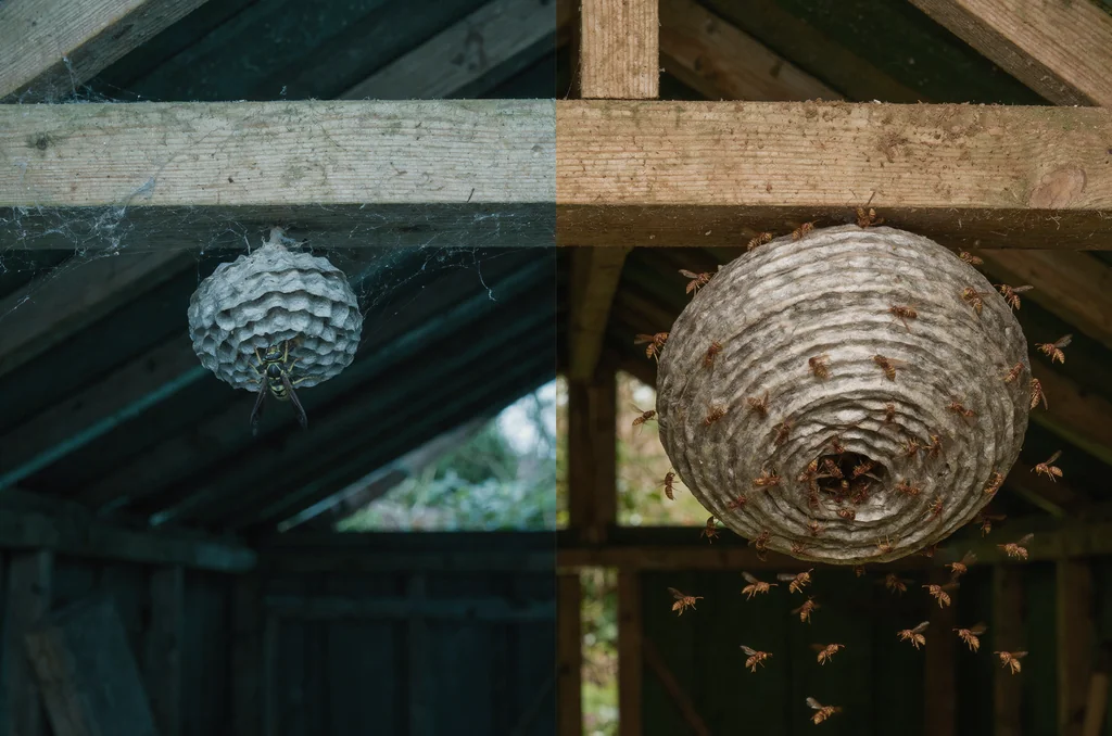 Before-and-after view of wasp nest removal timing in a UK shed: a golf-ball-sized queen nest in April beside a football-sized summer nest under the same rafter