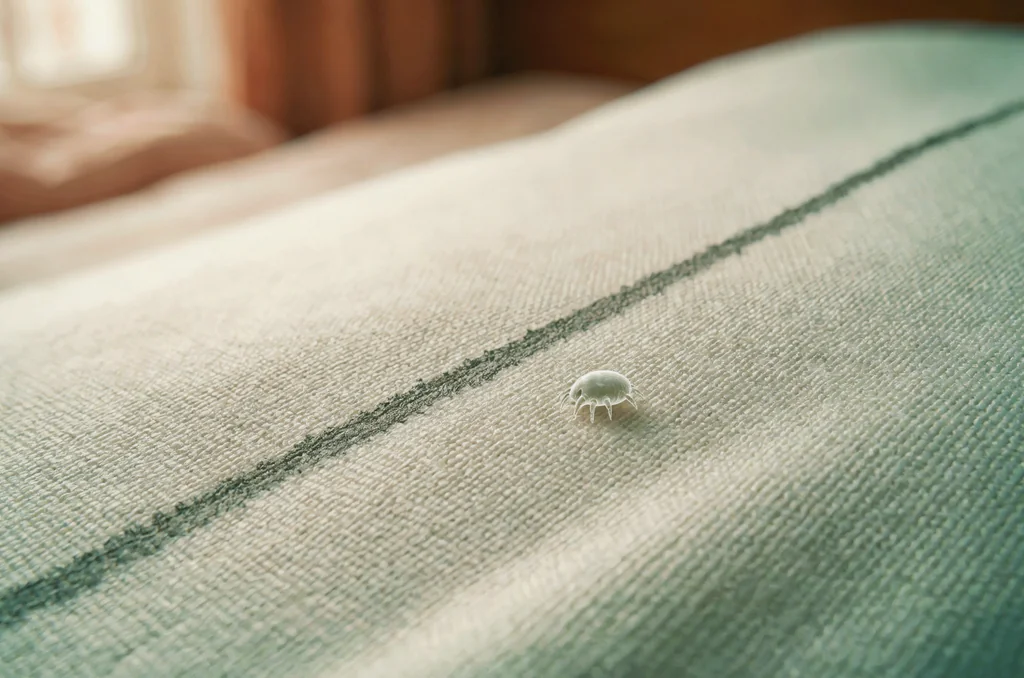 Macro photo showing a translucent 0.3 mm dust mite beside a sharp pencil line on UK bedding fabric, illustrating why you cannot see dust mites with the human eye