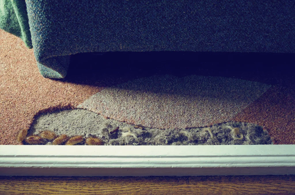 Pulled-back sofa in a UK living room revealing dust, pet hair and shed carpet beetle larval skins along the carpet edge and skirting board, showing the hiding spots that restart infestations when learning how to get rid of carpet beetles larvae.