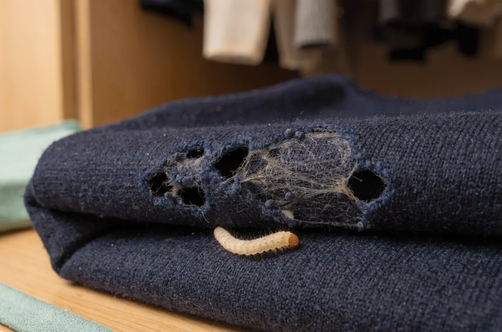 Macro evidence of a clothes moth larva, silken webbing and irregular holes on a folded navy wool jumper in a UK wardrobe, the first identification step in how to get rid of clothes moths naturally