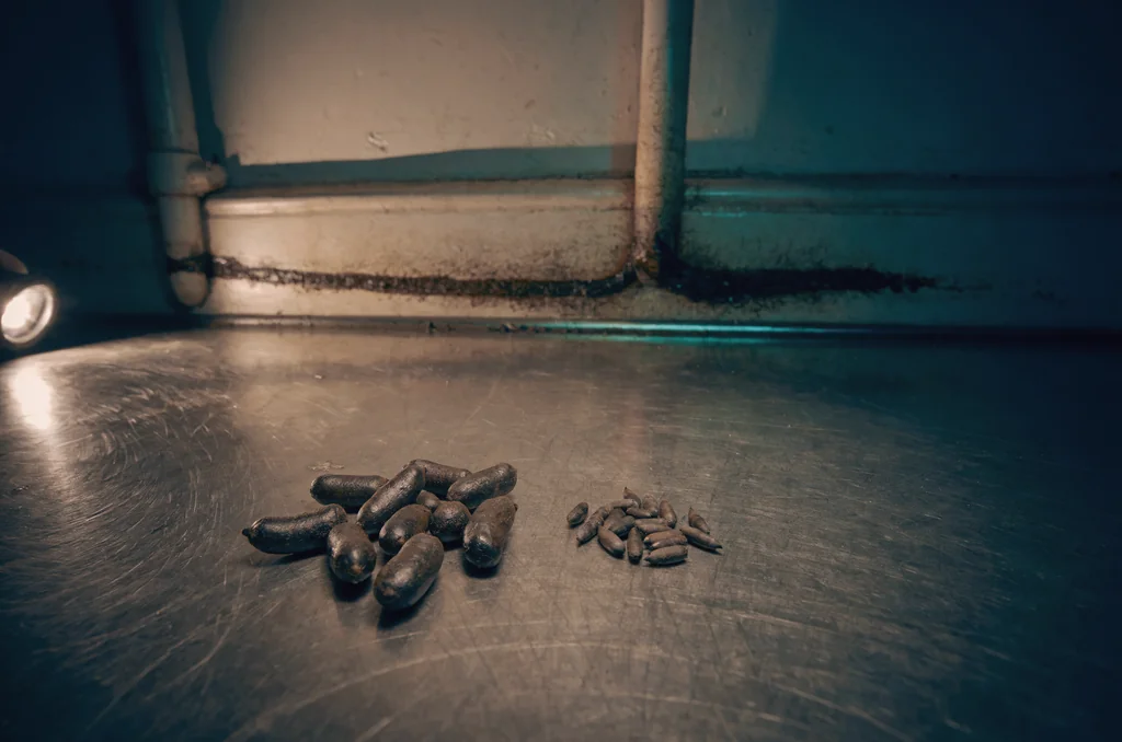 Rat droppings beside smaller mouse droppings and torch-lit grease smear marks on a pipe run — infestation signs checked in Camden Town London restaurants