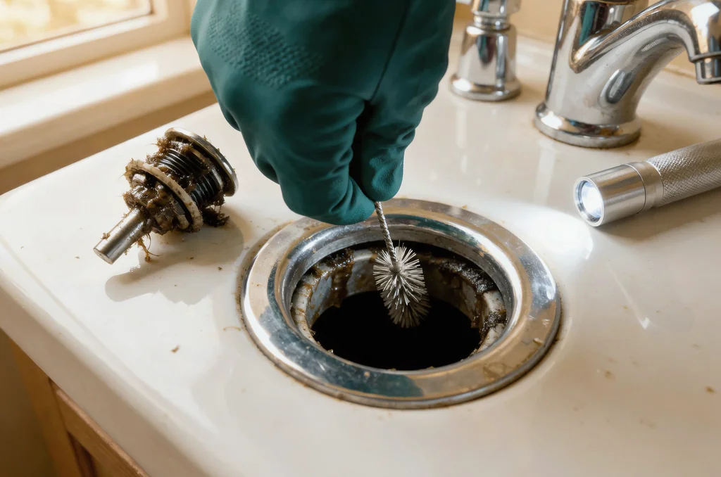 Drain brush scrubbing organic biofilm from a British bathroom basin plughole beside a residue-coated stopper, demonstrating how do i permanently get rid of drain flies by clearing larval harbourage.
