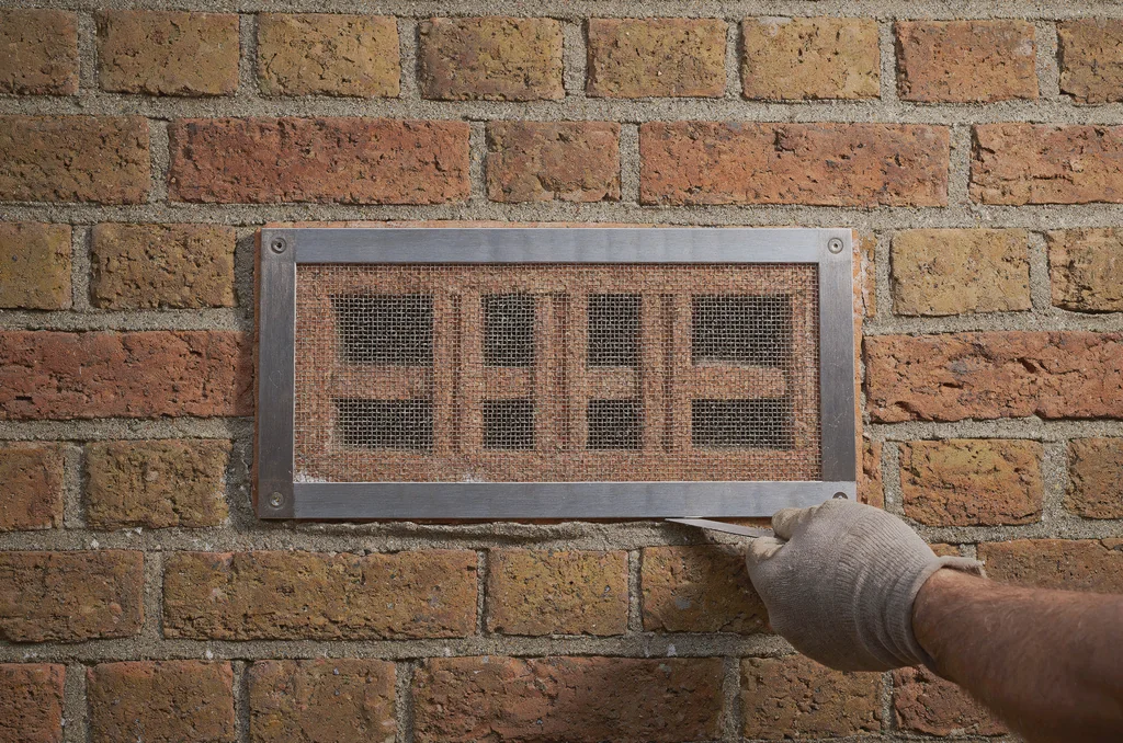 Stainless steel mesh guard fitted flush to an exterior brick wall of a UK home, demonstrating how to rodent proof air bricks to prevent mouse entry while keeping ventilation open.
