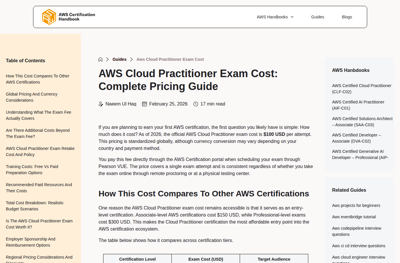 AWS Certification Handbook page screenshot for aws cloud practitioner course cost