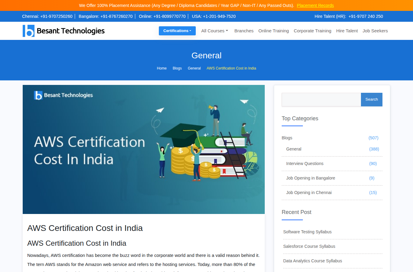 Besant Technologies page screenshot for aws certification cost in india