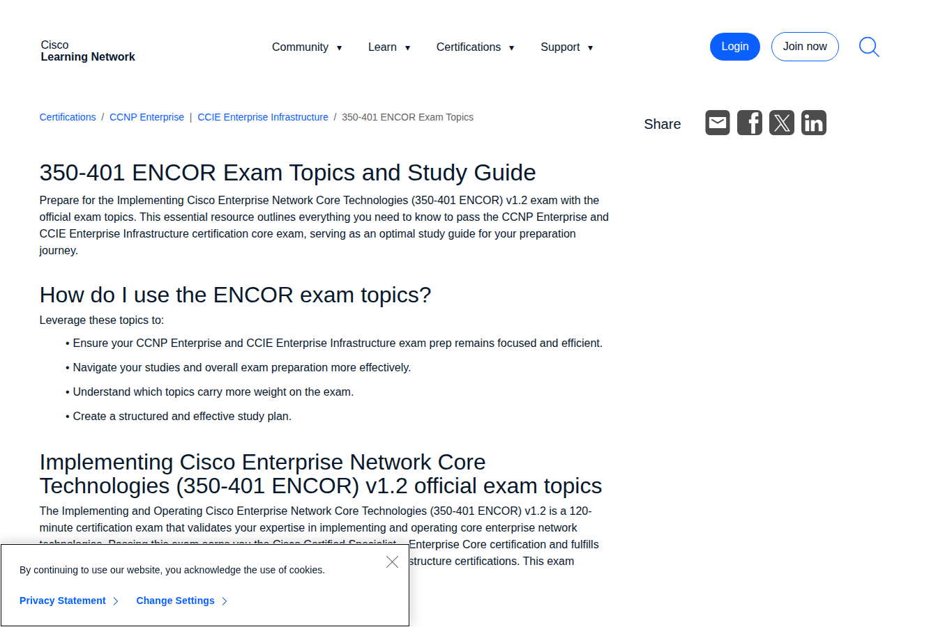 Cisco Learning Network (Official Exam Topics & Self‑Study) website screenshot for ccnp encor exam cost