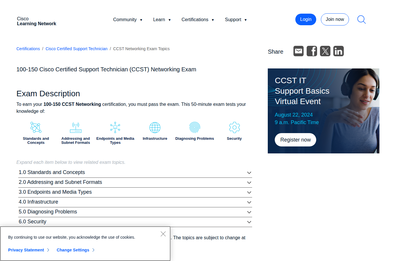 Cloud and Applications website screenshot for Cisco 100-150 exam topics objectives