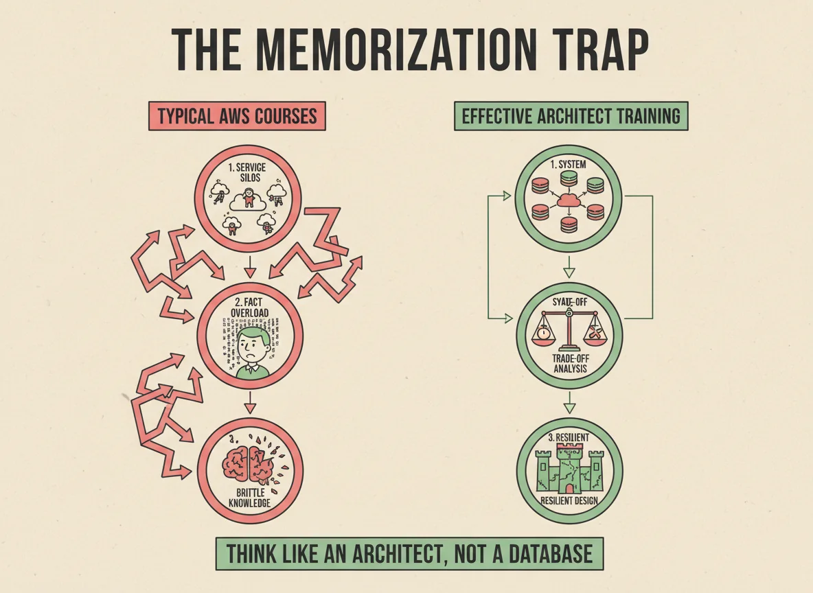 Infographic comparing memorization vs. architectural thinking for AWS Solutions Architect Associate courses, illustrating the 'Memorization Trap'.
