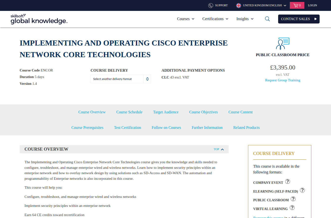 Global Knowledge (UK Classroom Training) website screenshot for ccnp encor exam cost