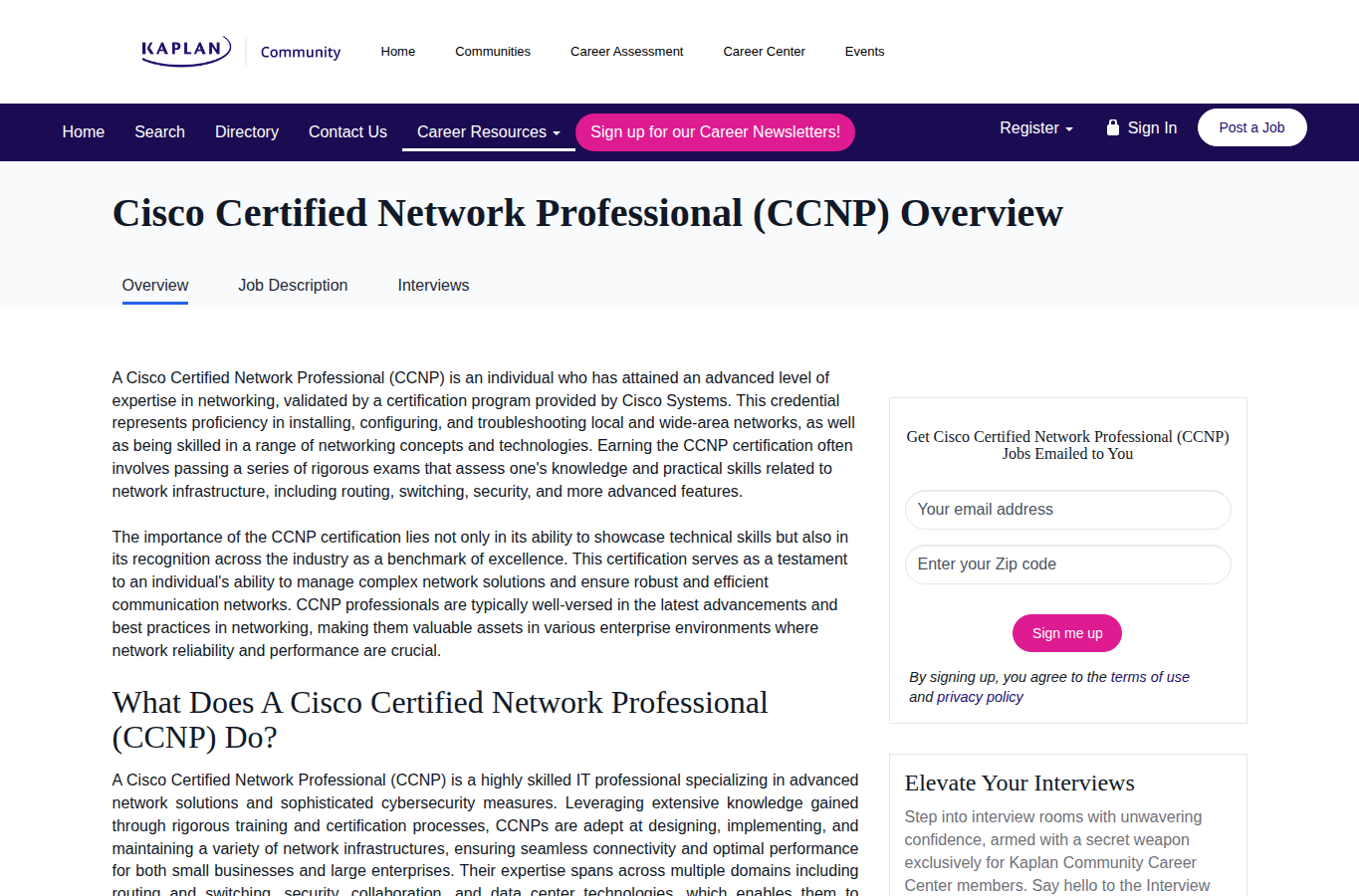Kaplan IT Training page screenshot for ccna vs ccnp salary