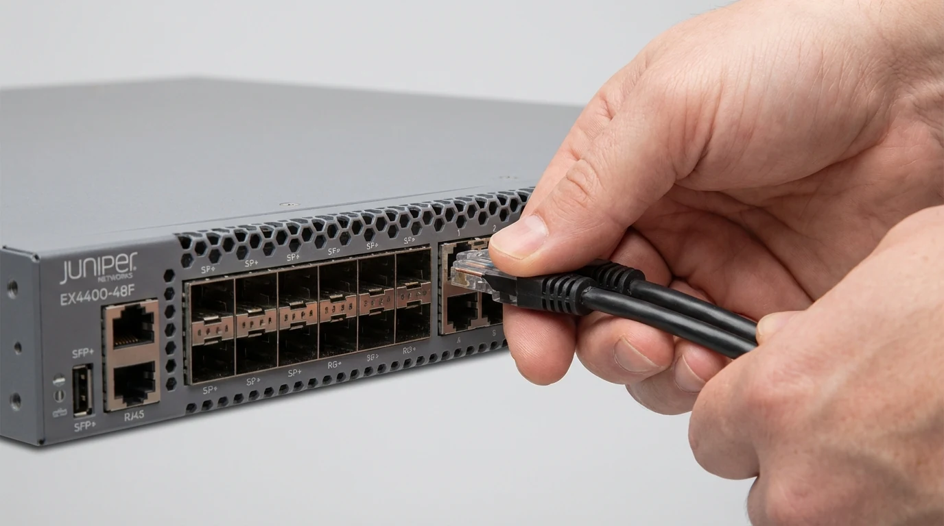 Close-up of hands configuring a network switch