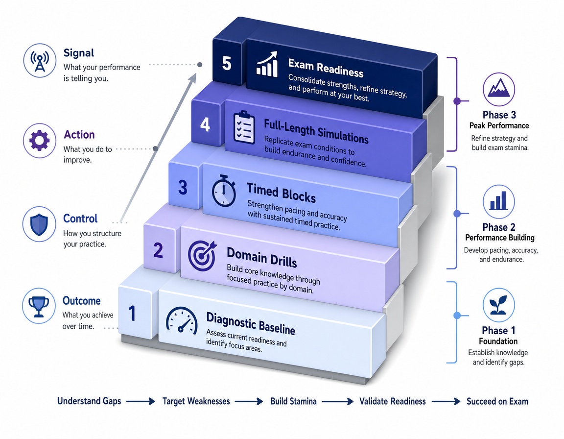 CISSP practice exam maturity path diagram showing five stages of building test-taking stamina