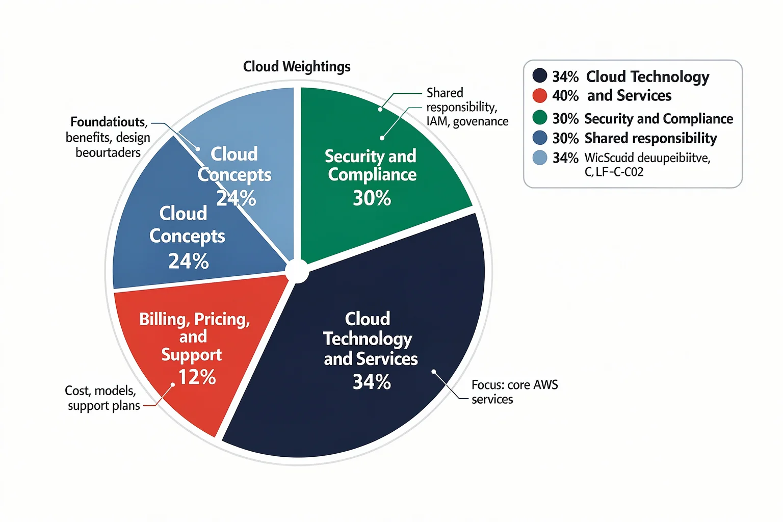 CLF-C02 exam domain weightings pie chart: Cloud Concepts 24%, Security and Compliance 30%, Cloud Technology and Services 34%, Billing, Pricing, and Support 12% - essential for focusing aws services for clf c02 a study.