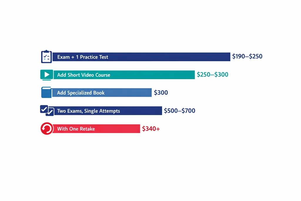 Adobe Certified Professional exam price 2026 total investment scenarios bar chart comparing exam and prep costs