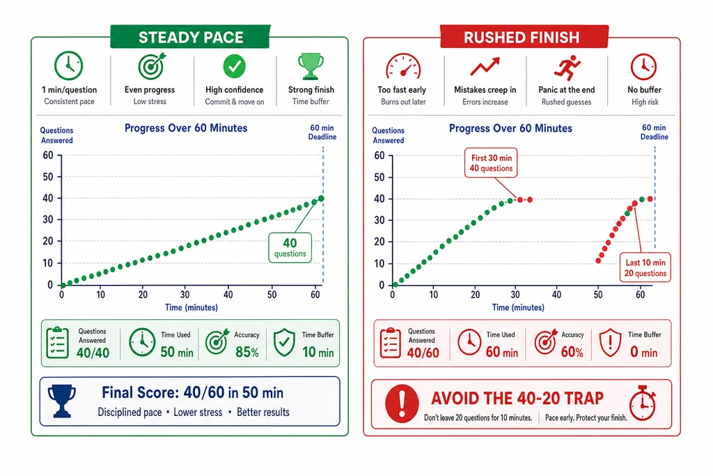 Simulated exam pacing comparison showing steady and rushed question progress for PRINCE2 Foundation exam format preparation
