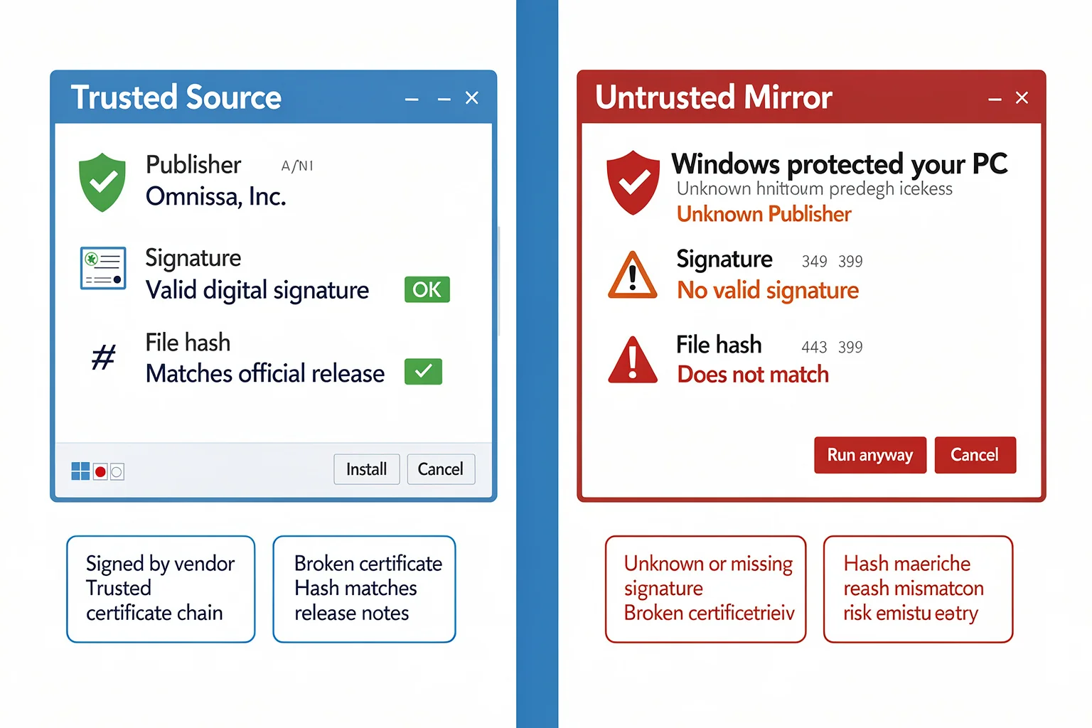 Comparison board contrasting a signed omnissa horizon client download with a malicious unsigned repack, emphasizing digital signature and hash verification for exam lab safety.