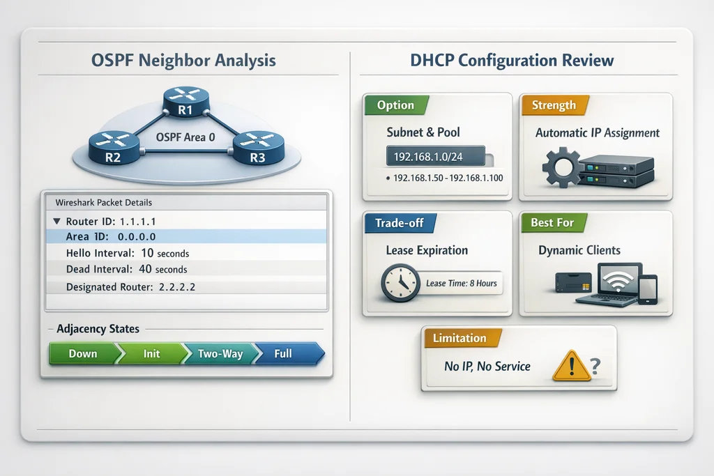 CCNA practice test comparison board for OSPF and DHCP protocol analysis in Wireshark labs