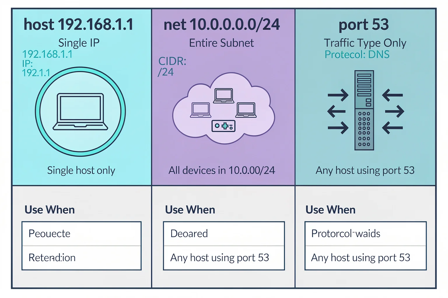 BPF capture filter scope comparison for wireshark filters network+ exam preparation showing host, net, and port syntax