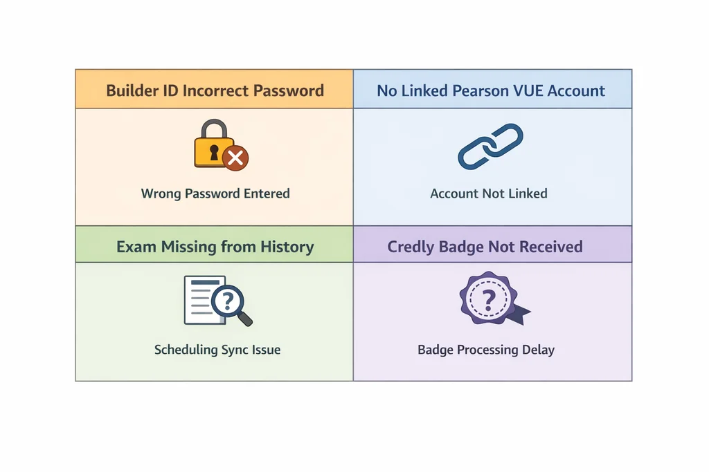 AWS certification login troubleshooting matrix for password errors, account linking, missing exams, and badge delivery problems