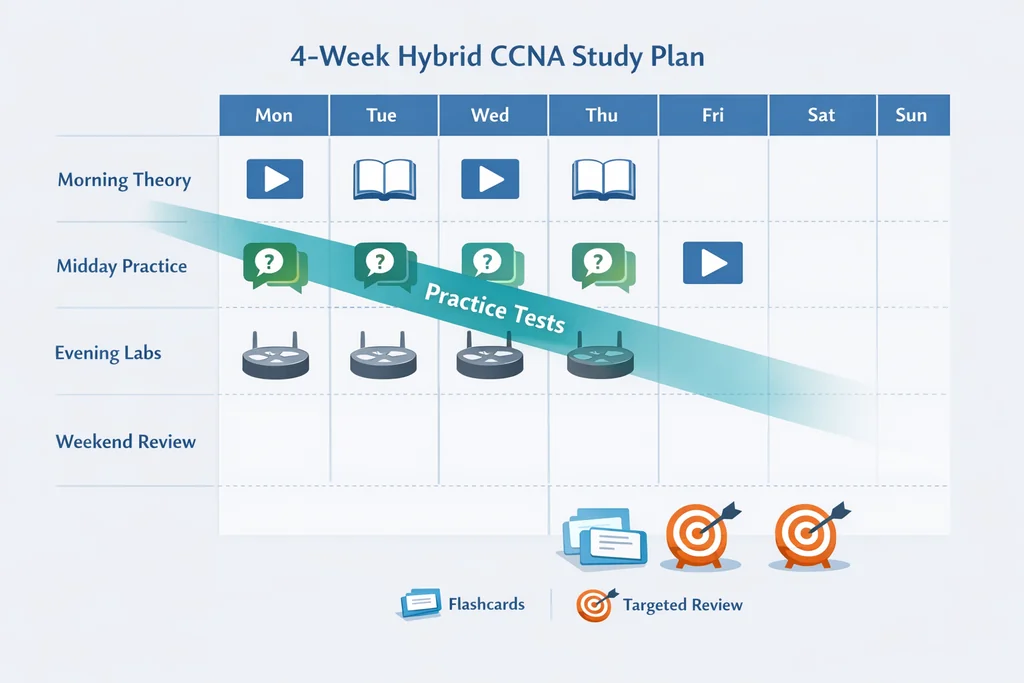 4-week hybrid study plan matrix showing how to layer free CCNA practice exams with labs and review