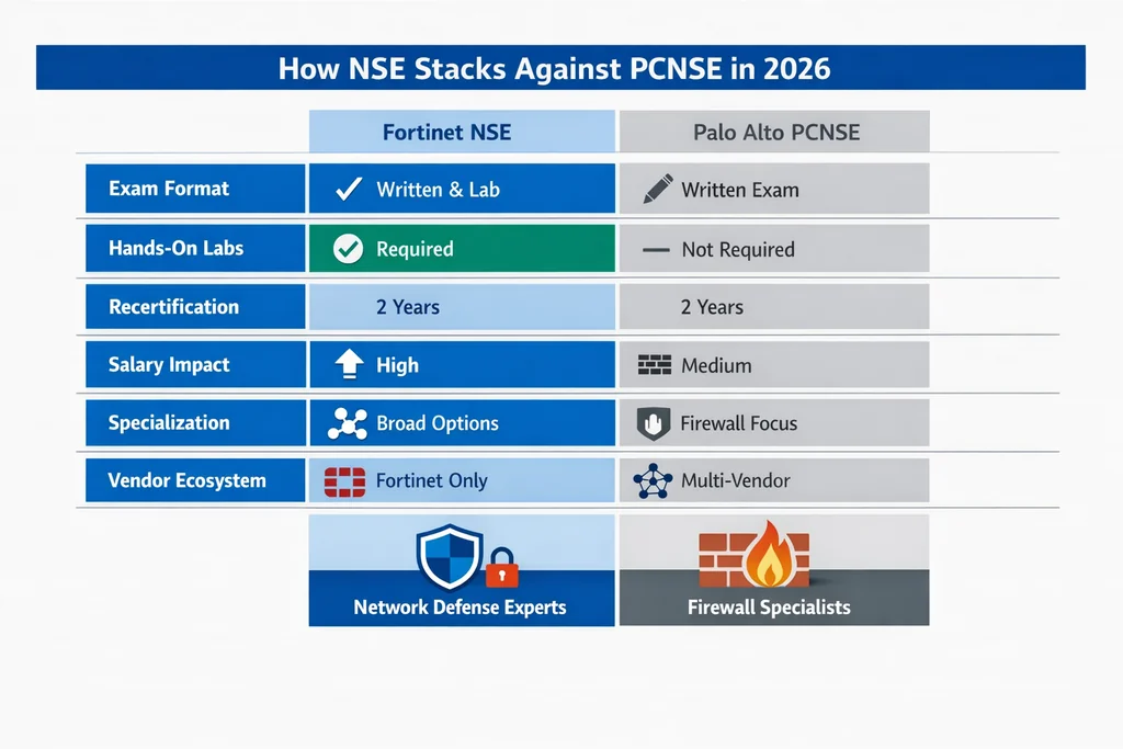 Fortinet certification versus PCNSE comparison matrix evaluating exam format, lab requirements and career impact for 2026 candidates