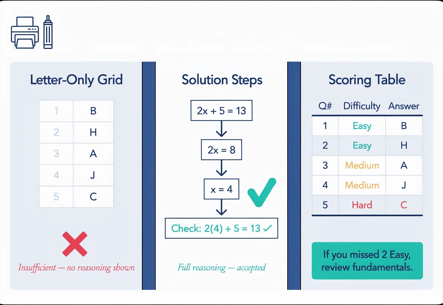 Three types of answer keys for a printable ACT math practice test: letter-only grid, solution steps, and difficulty-labelled scoring table.