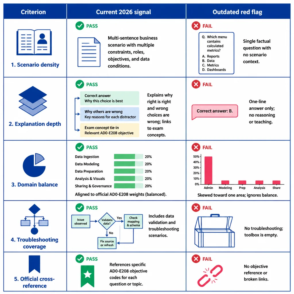AD0-E208 sample questions evaluation matrix showing five checks—scenario density, explanation depth, domain balance, troubleshooting coverage, and official cross-reference—to spot current exam-style practice items.