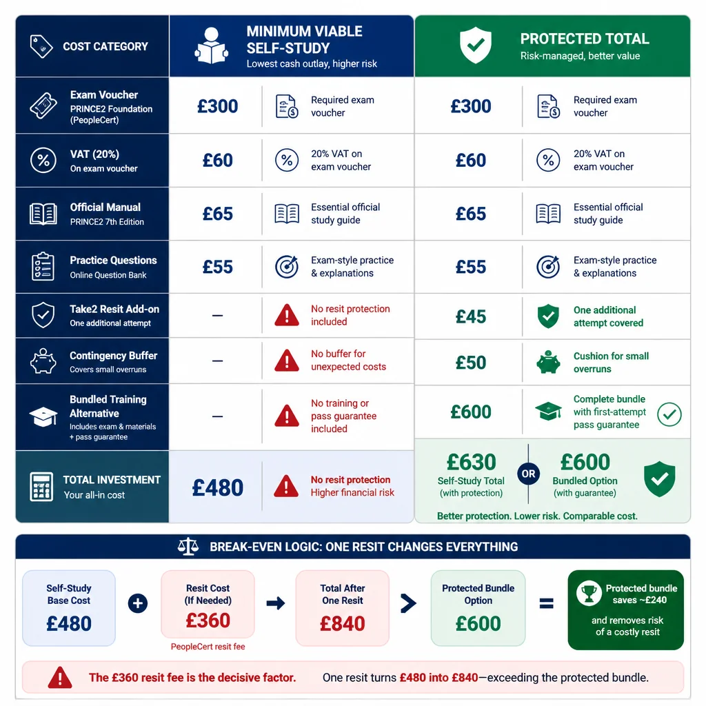 PRINCE2 Foundation exam-only budget comparison matrix showing minimum viable versus protected total costs for UK candidates with resit risk analysis