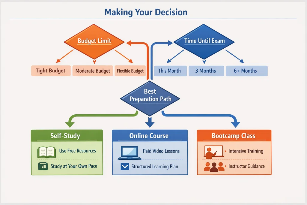 Decision flowchart for choosing the best AWS Cloud Practitioner course cost path based on budget, timeline, and experience level in 2026