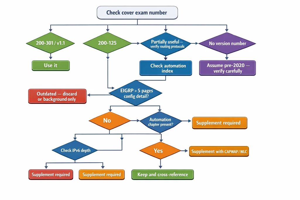 CCNA 200-301 study material audit flowchart for evaluating old books and resources against current exam requirements
