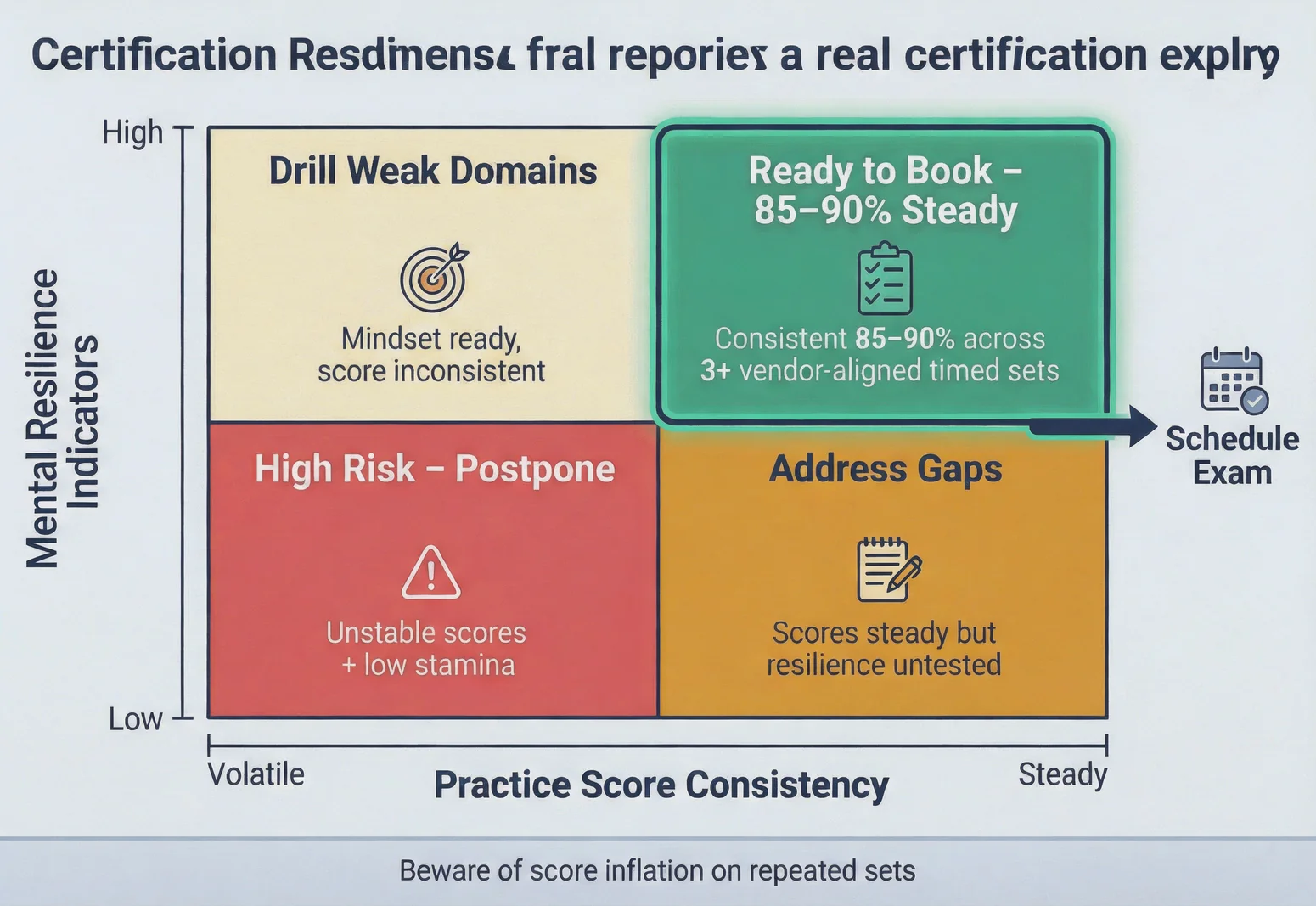Readiness matrix showing the green zone for booking an IT certification exam based on practice score consistency and mental resilience, helping candidates interpret practice exam vs real exam readiness.