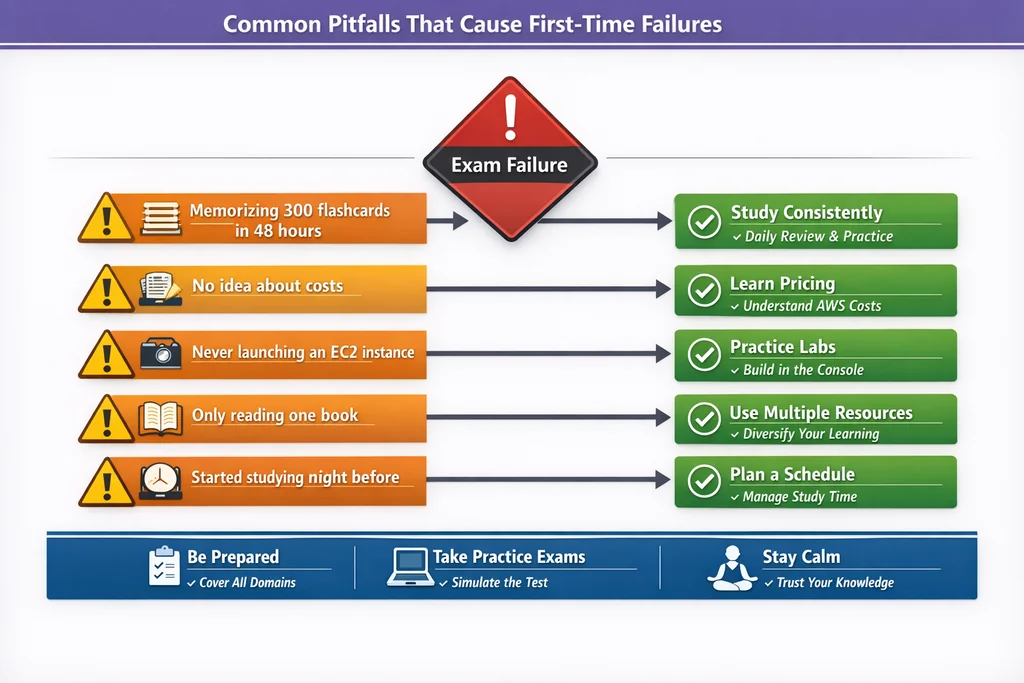 Decision matrix showing common first-time failure patterns and corrective strategies for aws certified cloud practitioner clf-c02 candidates