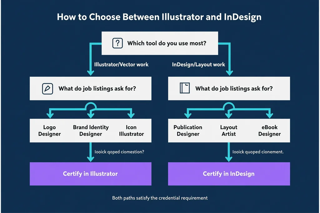 Decision flowchart guiding candidates on choosing between Illustrator and InDesign to meet Adobe Visual Design specialty credential requirements.