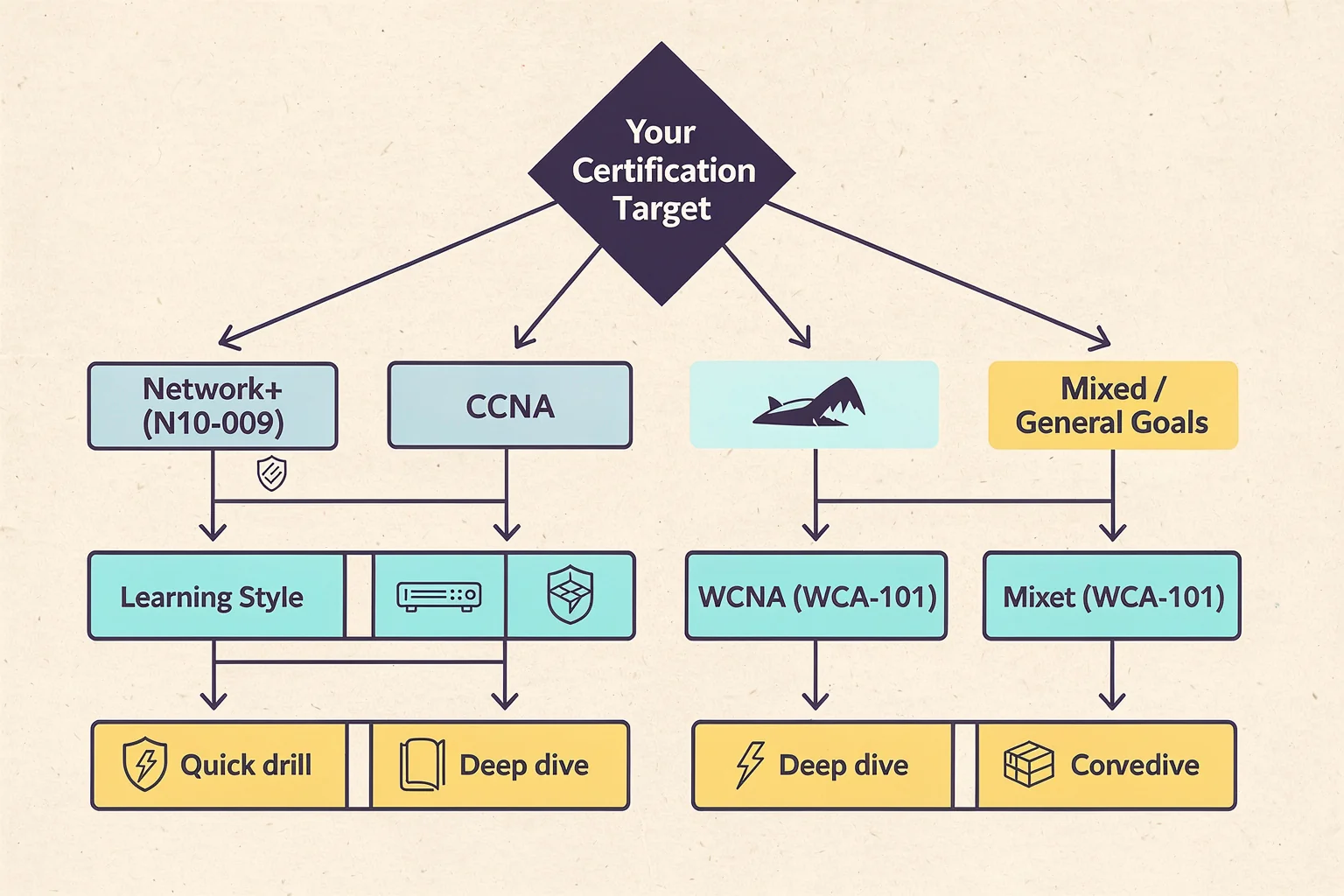 Decision flowchart for choosing the best Wireshark practice tests based on your Network+, CCNA, or WCNA certification goal