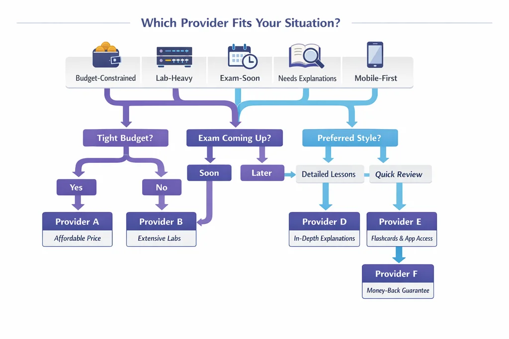Decision framework routing candidates to the best CCNA practice exams based on budget, timeline, and study preferences for the V2.0 blueprint