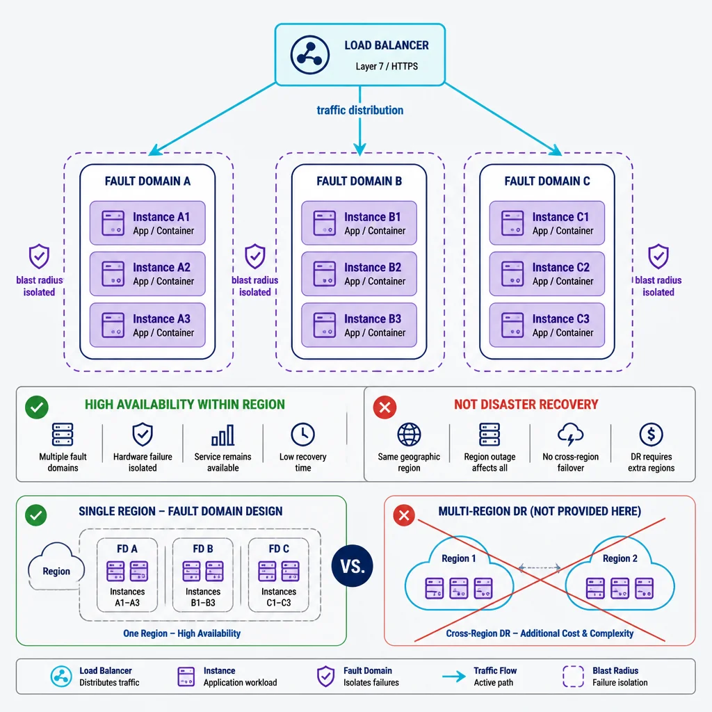 E20-920 sample questions architecture diagram showing load balancers distributing traffic across three fault domains to explain high availability rather than disaster recovery.