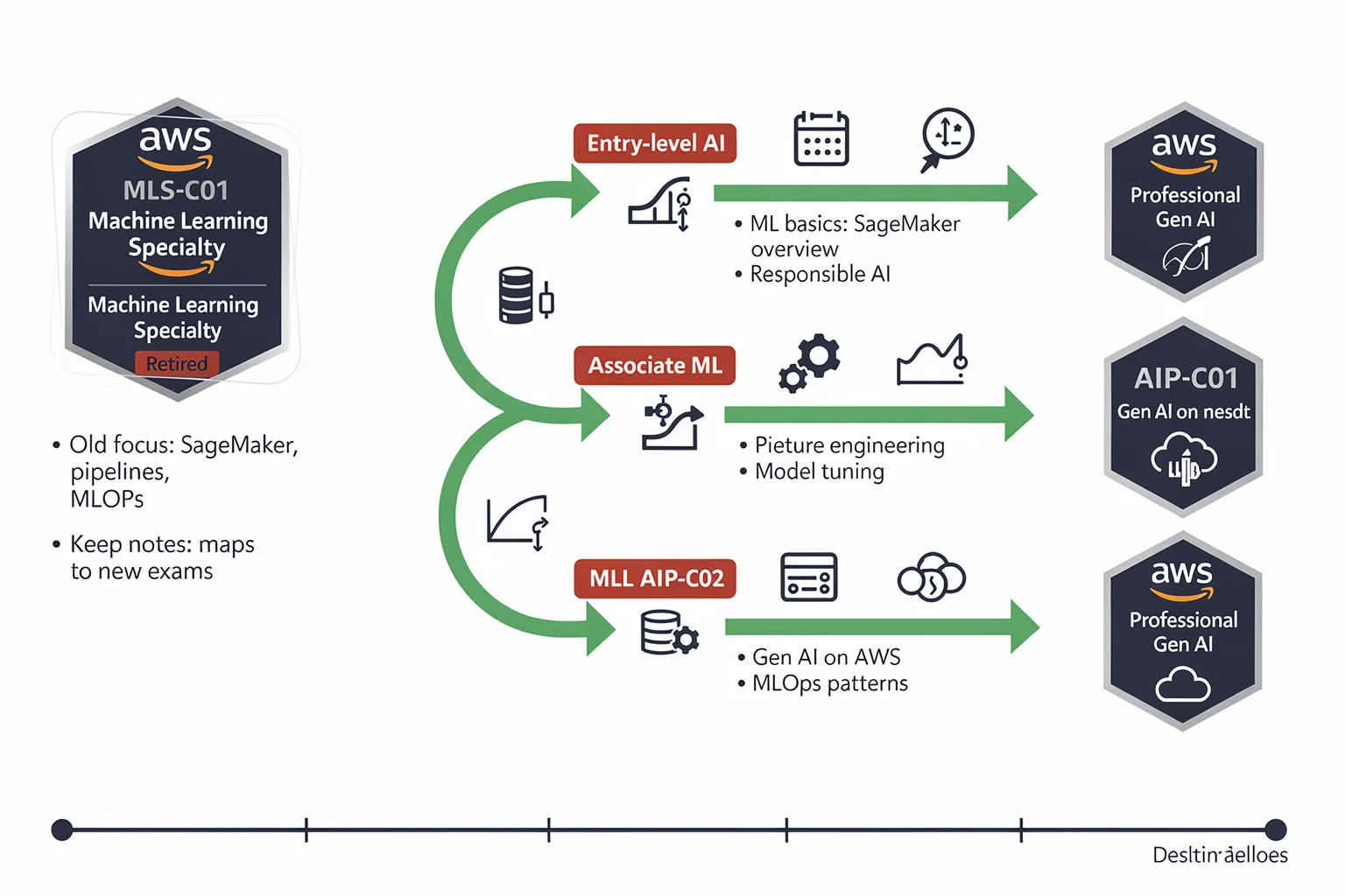 Certification roadmap showing retired MLS-C01 badge leading to new AWS AI and machine learning certifications, helping candidates navigate aws certified machine learning specialty free study transition.