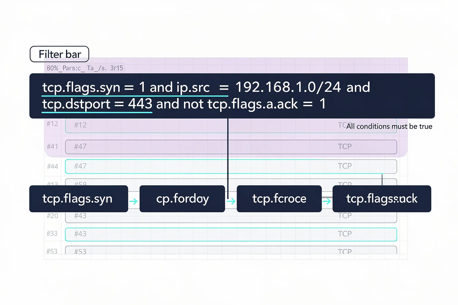 Wireshark display filters infographic breaking down a complex filter expression into logical components for certification exam preparation.