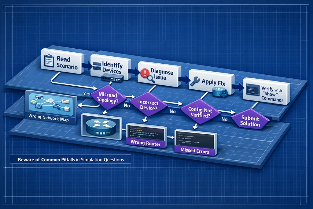 CCNA exam questions simulation troubleshooting flowchart showing time-saving decision path for Cisco 200-301 lab items