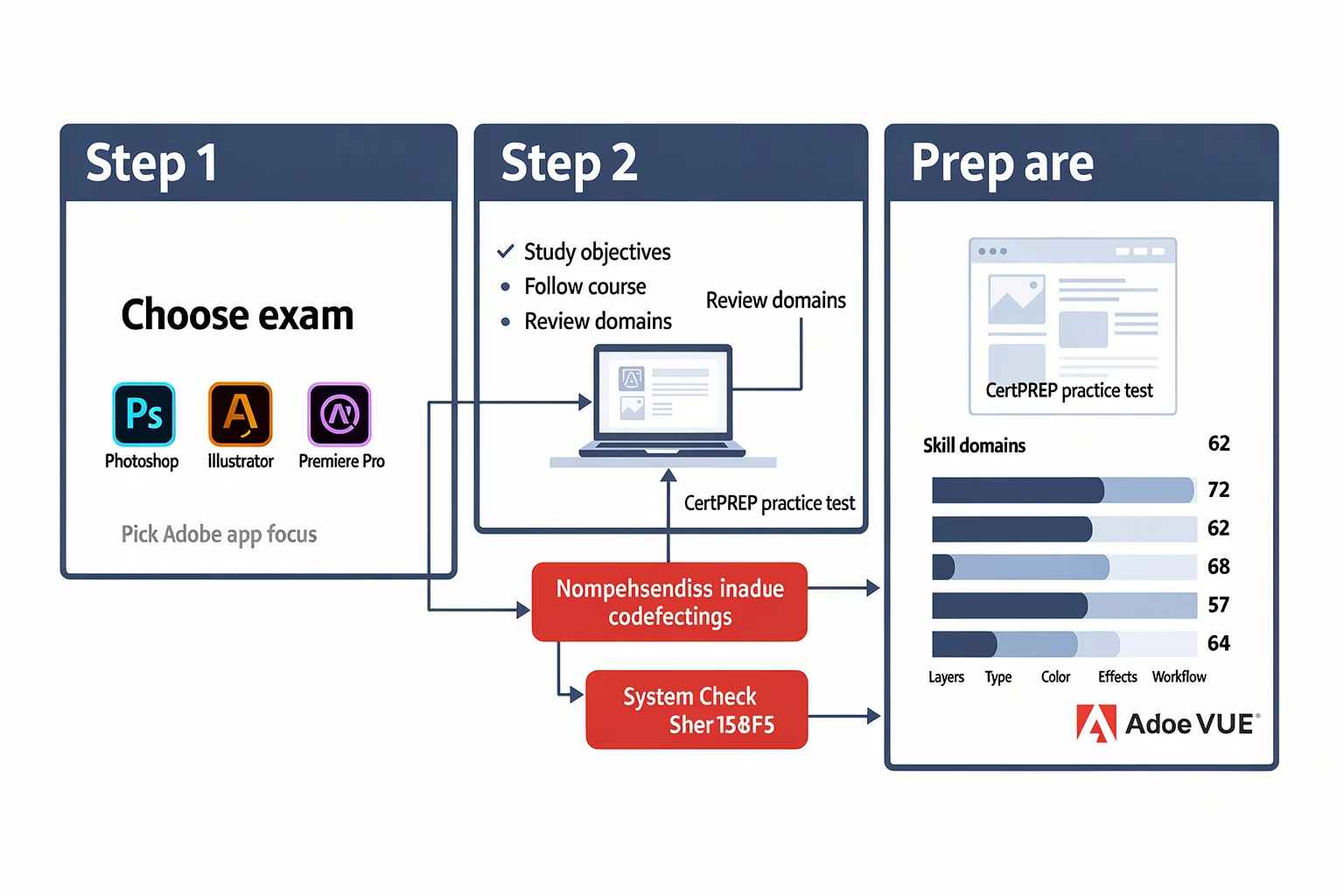 Flowchart of the online Adobe certification exam process from choosing an exam to getting certified, part of adobe creative cloud certification courses planning.