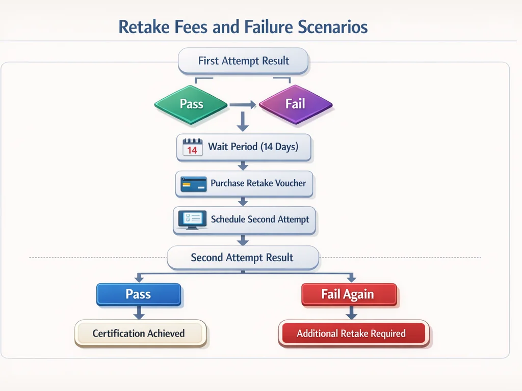 VCP-DCV exam cost flowchart for retake fees and failure scenarios showing decision paths and wait periods