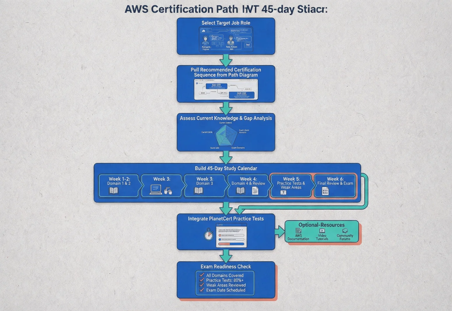 Flowchart turning an AWS certification path diagram into a 45-day study plan with job role selection, gap analysis, weekly schedule, and practice test integration