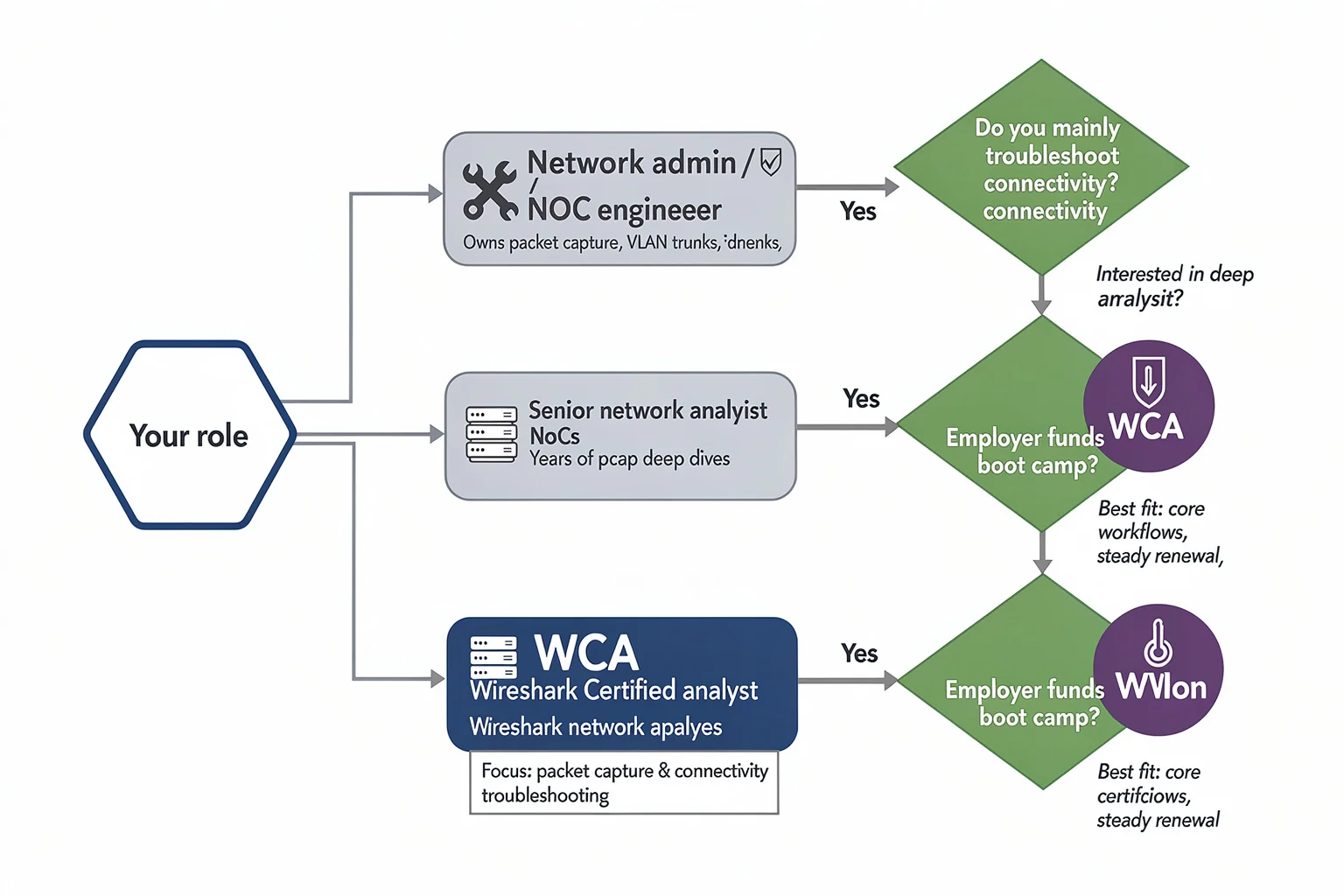 Decision flowchart for choosing a Wireshark certification path based on job role: network admin leads to WCA, senior analyst to WCNA, SOC engineer to C|NSE.