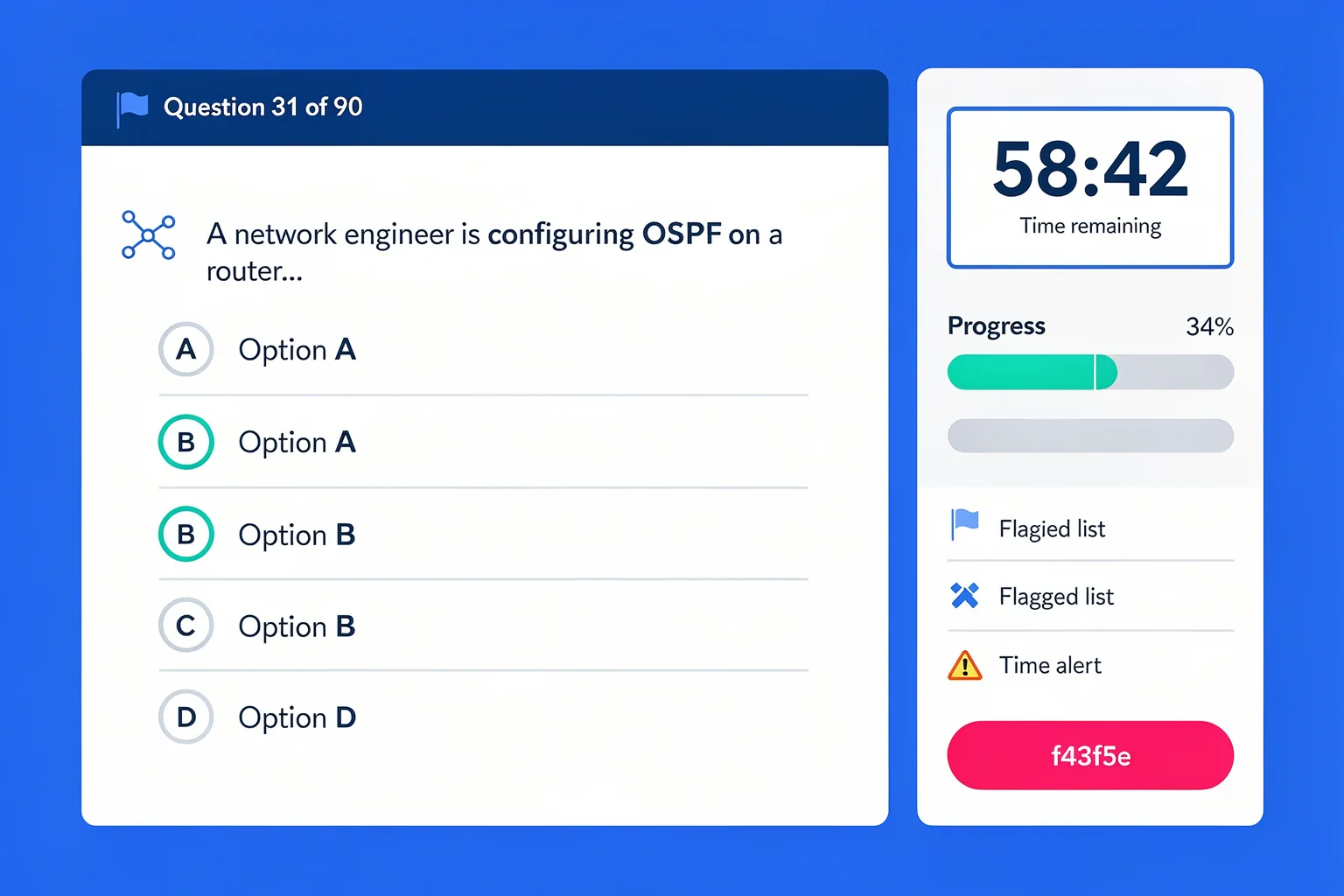 Timed practice test dashboard with pacing checkpoints for how to pass certification quiz, displaying question counter, timer, and flagged review option.