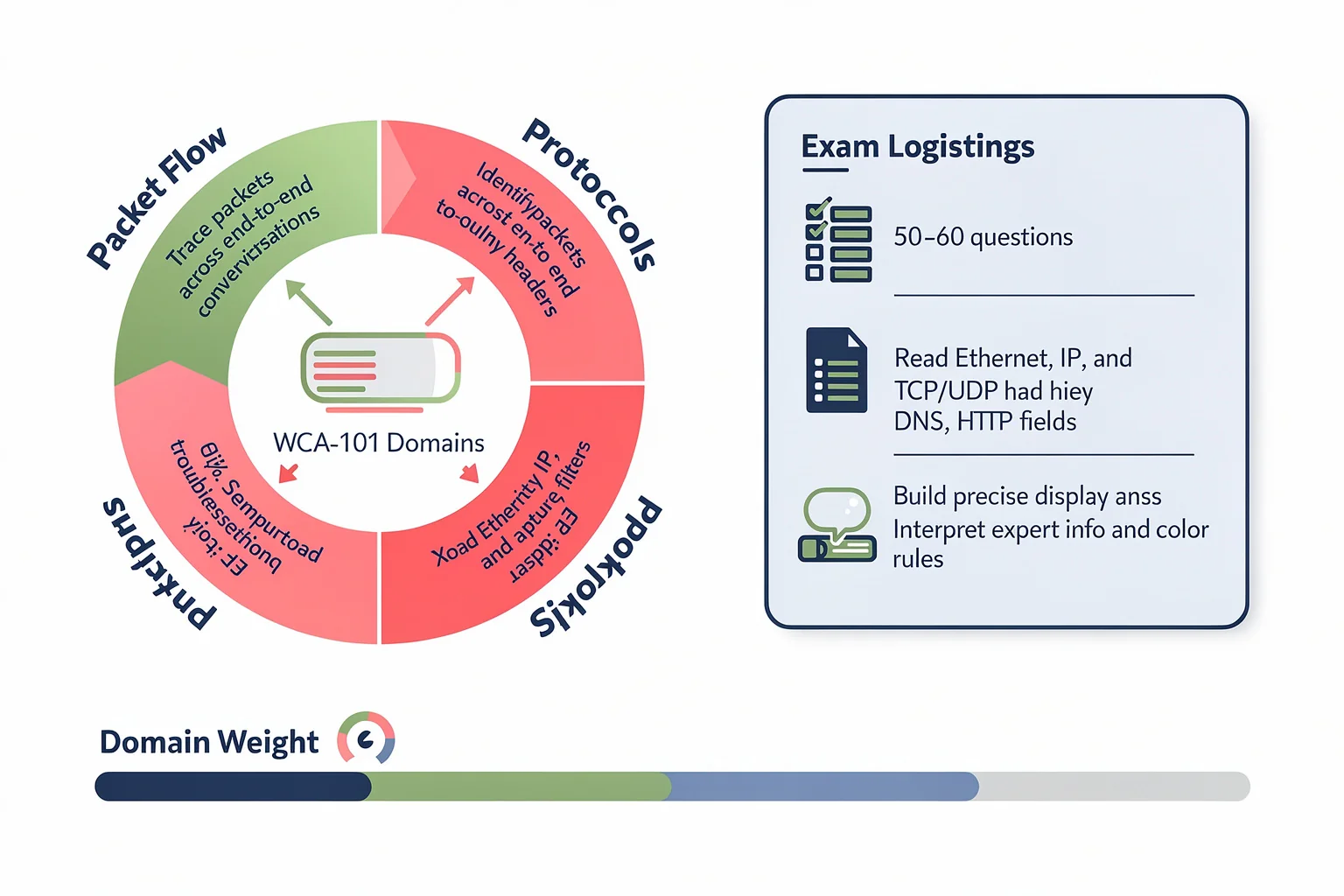 WCA-101 exam domain map and logistics for Wireshark training and certification candidates, showing five key knowledge areas and exam format.