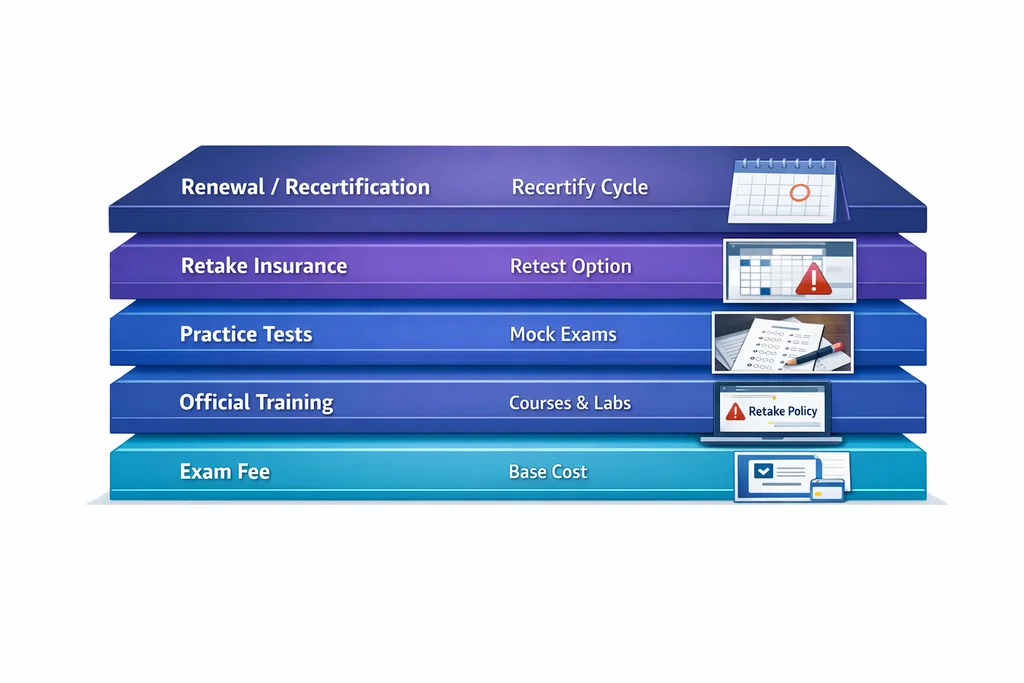 Layered breakdown of AWS certification exam cost showing hidden fees like training, practice tests, and retakes