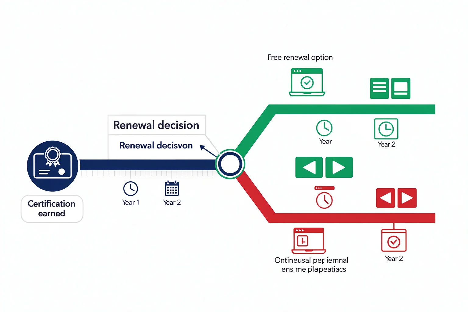 Adobe Certified Expert recertification costs: lifecycle diagram showing two-year validity, free renewal modules, and $225 exam fee if lapsed.