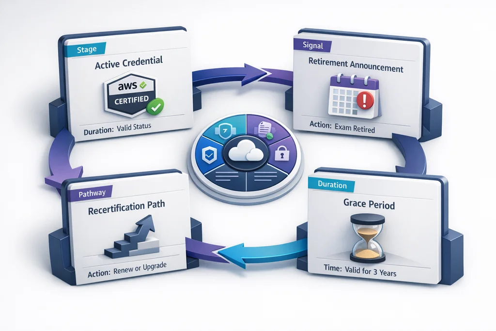 AWS certification exam retirements 2026 credential lifecycle showing active status through retirement announcement, grace period, and recertification options