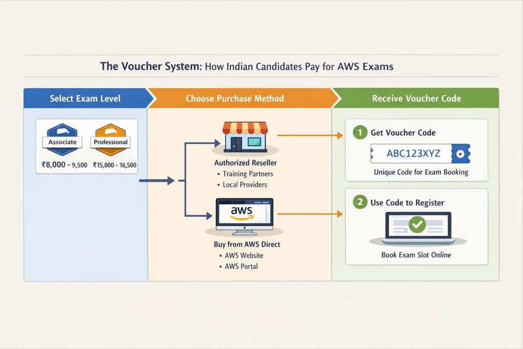 Step-by-step voucher payment flow for AWS certification cost in India showing reseller channels and redemption process