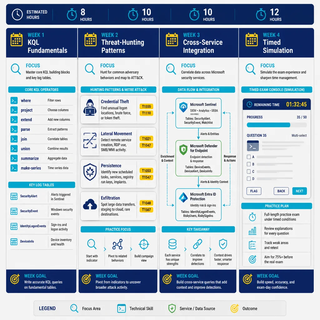 SC-401 sample questions study plan: four-week calendar grid showing progression from KQL fundamentals to threat-hunting patterns and timed simulation